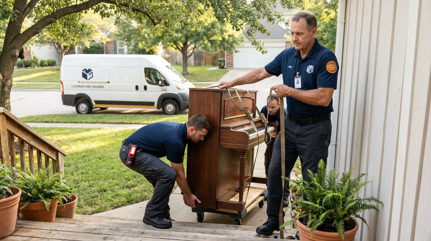 Licensed piano movers securing grand piano in Hialeah, FL