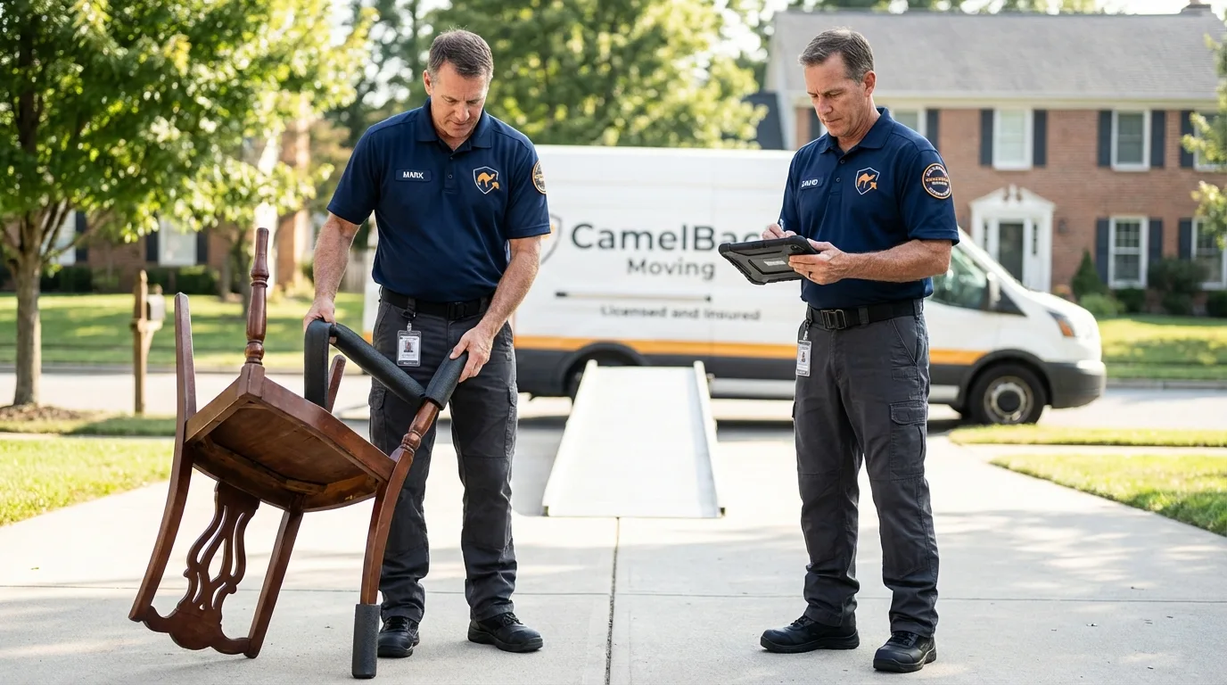 Movers inspecting furniture for damage prevention before loading in Hialeah, FL